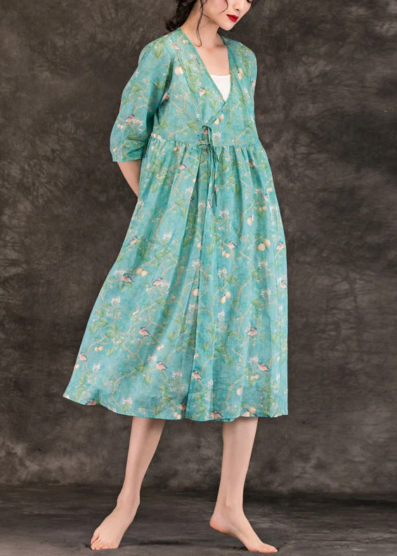 Natural green print linen clothes stylish Neckline v neck tie waist Knee Summer Dresses Natural green print linen clothes stylish Neckline v neck tie waist Knee Summer Dresses