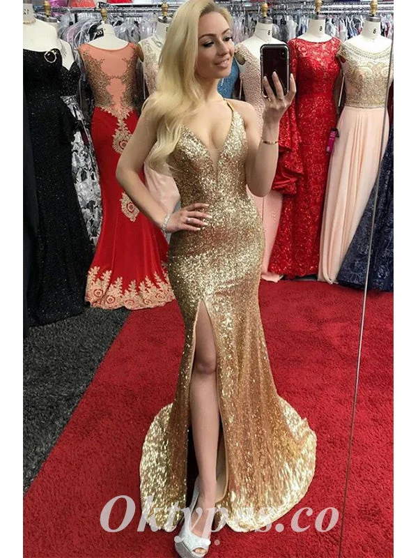 Sexy Gold Sequin Spaghetti Straps V-Neck Sleeveless Lace Up Side Slit Mermaid Long Prom Dresses,PDS0741 Sexy Gold Sequin Spaghetti Straps V-Neck Sleeveless Lace Up Side Slit Mermaid Long Prom Dresses,PDS0741