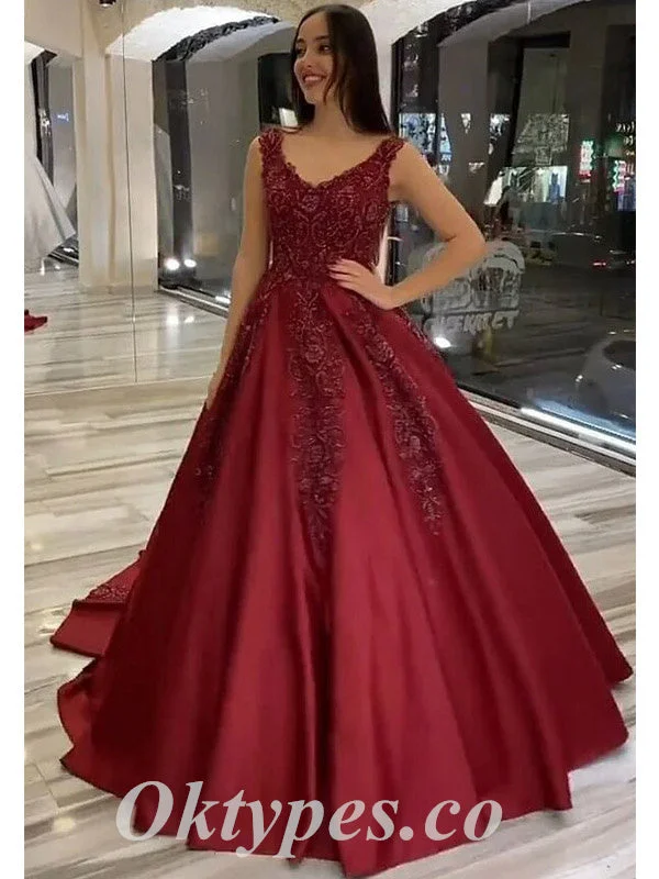 Elegant Satin And Lace Spaghetti Straps V-Neck Sleeveless Lace Up A-Line Long Prom Dresses, PDS0843 Elegant Satin And Lace Spaghetti Straps V-Neck Sleeveless Lace Up A-Line Long Prom Dresses, PDS0843