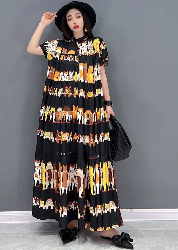 Loose Black Stand Collar Oversized Wrinkled Character Print Chiffon Long Dresses Short Sleeve Loose Black Stand Collar Oversized Wrinkled Character Print Chiffon Long Dresses Short Sleeve