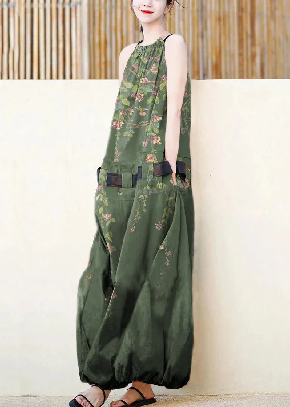 French Green Flowers Pockets Patchwork Cotton Dress Sleeveless