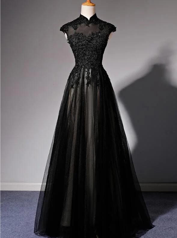 Elegant High Neckline Black Evening Dress, Tulle with Lace Applique Prom Dress