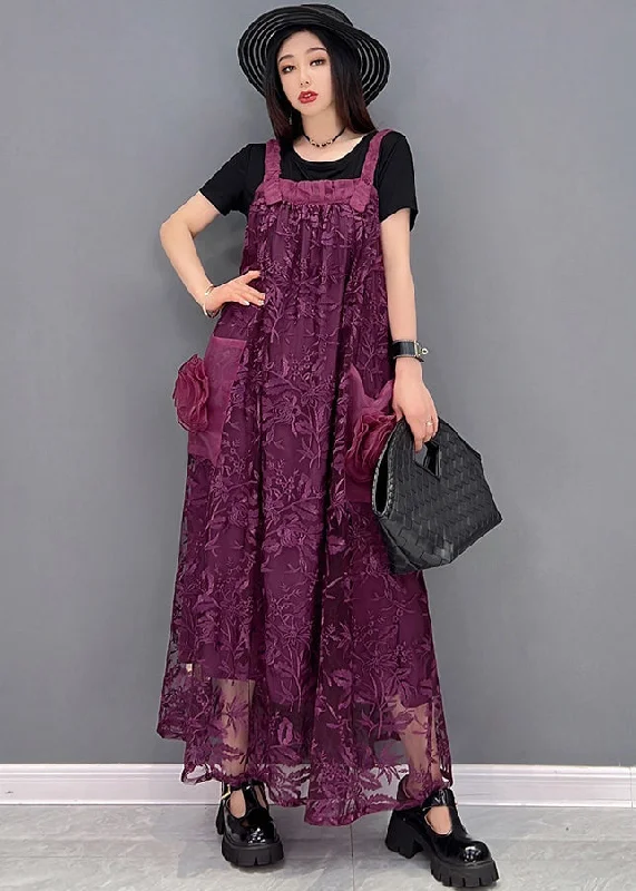 Boutique Purple Big Pockets Patchwork Floral Lace Strap Long Dress Summer