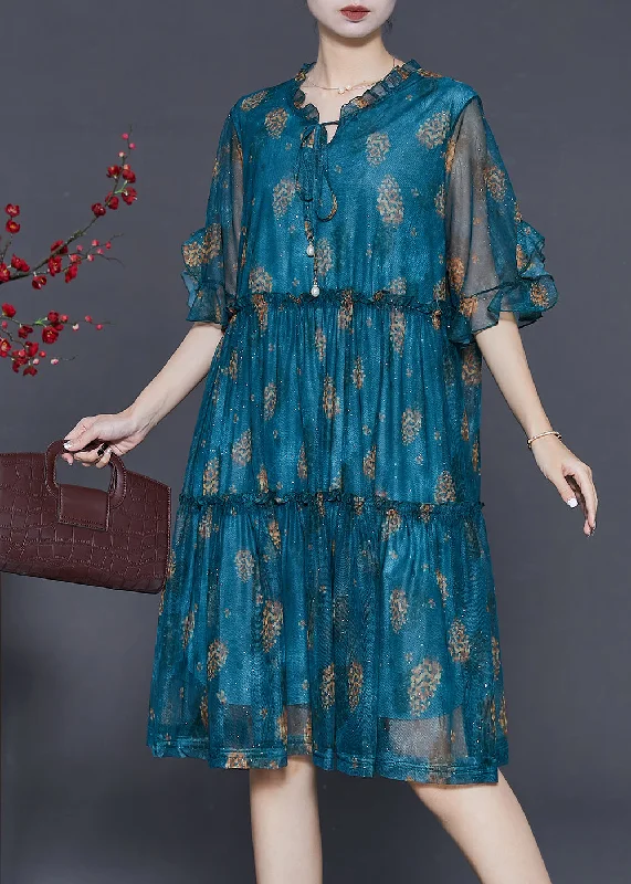 French Peacock Blue Ruffled Print Tulle Tea Dress Summer