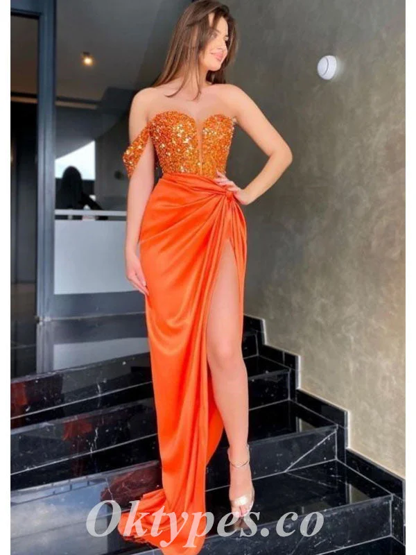 Sexy Orange Sequin Top Satin Bottom One Shoulder Sleeveless Side Slit Mermaid Long Prom Dresses,PDS0669 Sexy Orange Sequin Top Satin Bottom One Shoulder Sleeveless Side Slit Mermaid Long Prom Dresses,PDS0669