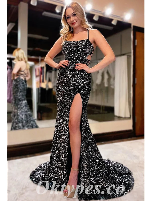 Sexy Black Sequin Spaghetti Straps Square Sleeveless Lace Up Back Mermaid Long Prom Dresses With Side Slit,PDS0610 Sexy Black Sequin Spaghetti Straps Square Sleeveless Lace Up Back Mermaid Long Prom Dresses With Side Slit,PDS0610