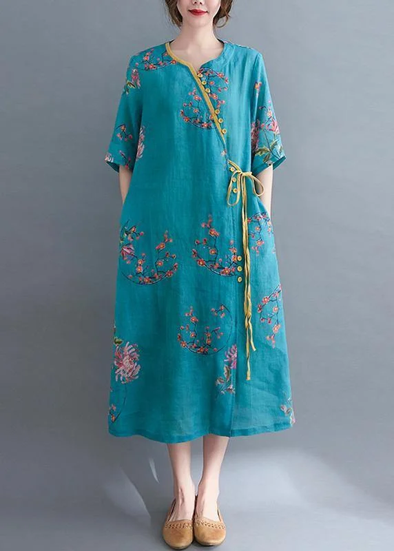 French Blue Print tie waist Mid Summer Cotton Dress
