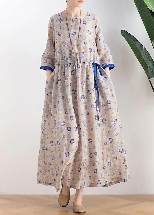 Literary small daisy mid-length dress waist ming 2025 new ramie printed skirt
