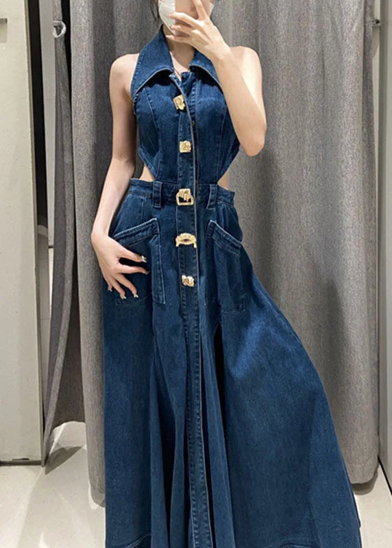 Vintage Blue Peter Pan Collar Patchwork Pockets Hollow Out Denim Long Dresses Summer Vintage Blue Peter Pan Collar Patchwork Pockets Hollow Out Denim Long Dresses Summer