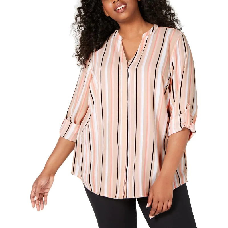 Alfani Womens Plus Striped Long Sleeves Blouse