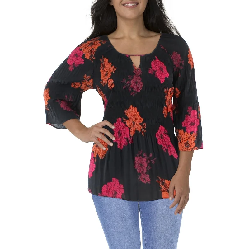 Avenue Womens Plus Floral Print Pleated Blouse