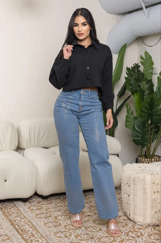 Balboa - Long Sleeve Cropped Blouse With Pockets - Black