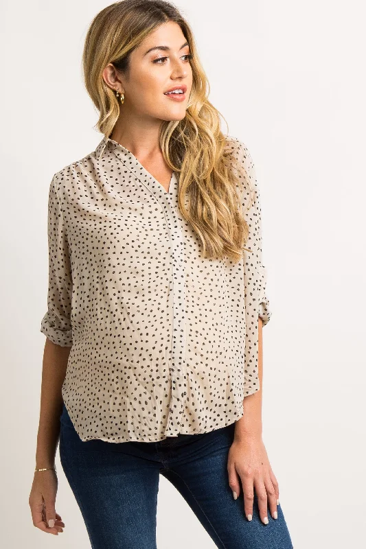 Beige Polka Dot Chiffon Maternity Blouse