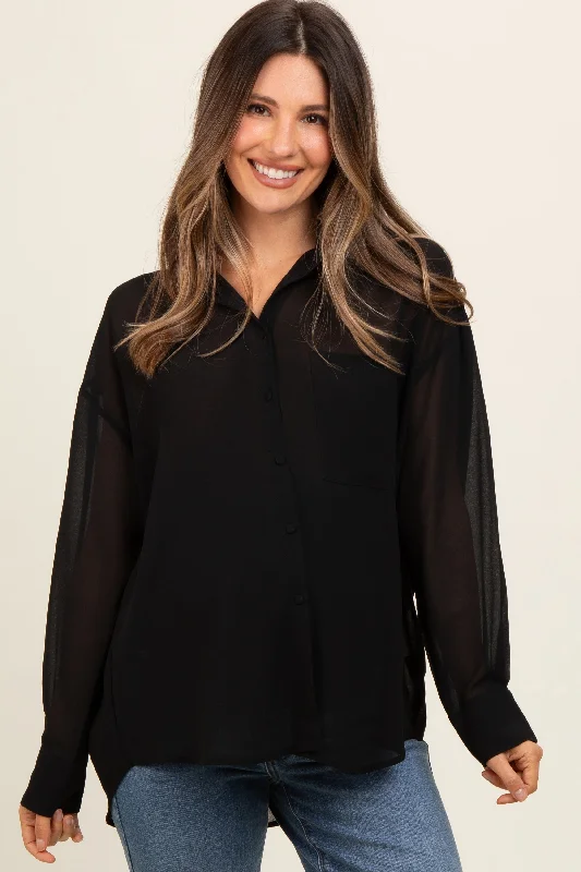 Black Sheer Button Down Maternity Blouse