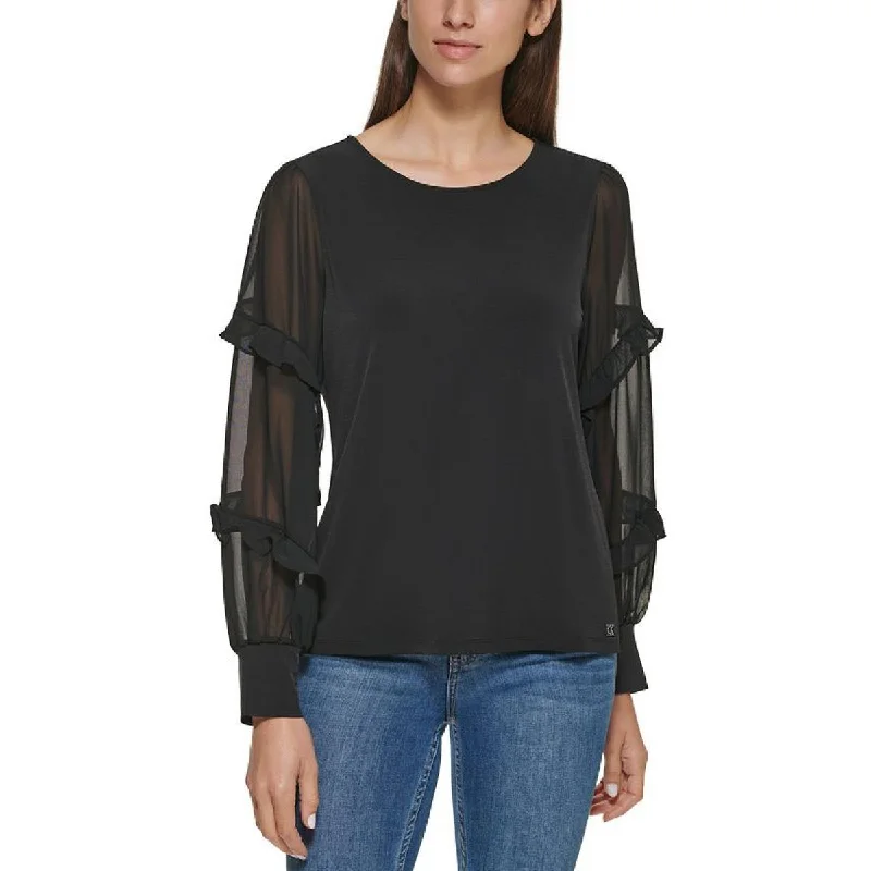 Calvin Klein Womens Solid Ruffle-Sleeve Blouse