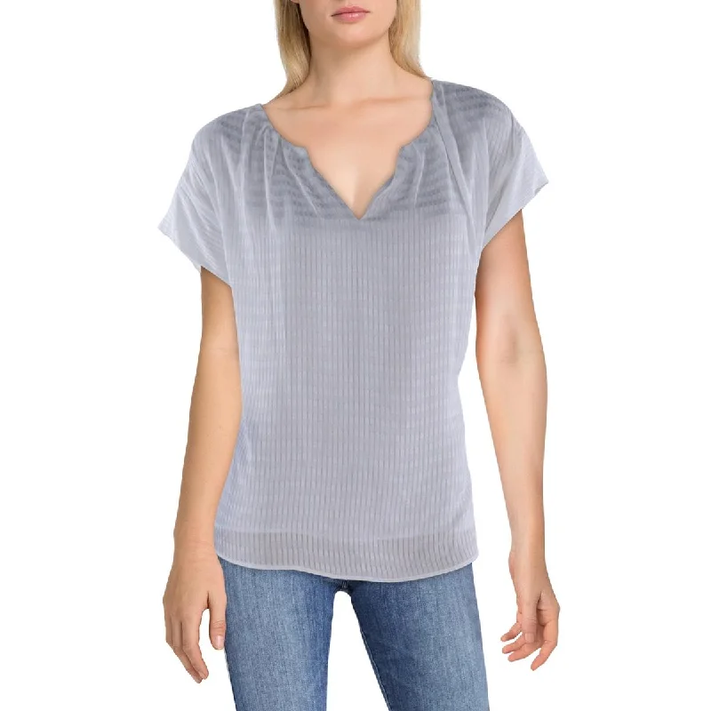 Calvin Klein Womens Split Neck Shadow Stripe Blouse