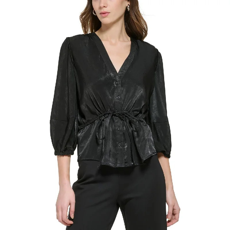 DKNY Womens Button Down Gathered Blouse