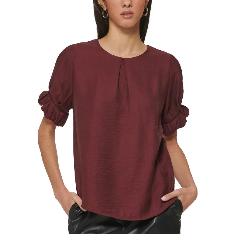 DKNY Womens Crinkle Puff Sleeves Blouse