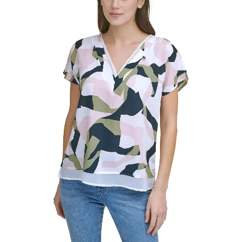 DKNY Womens V Neck Printed Blouse