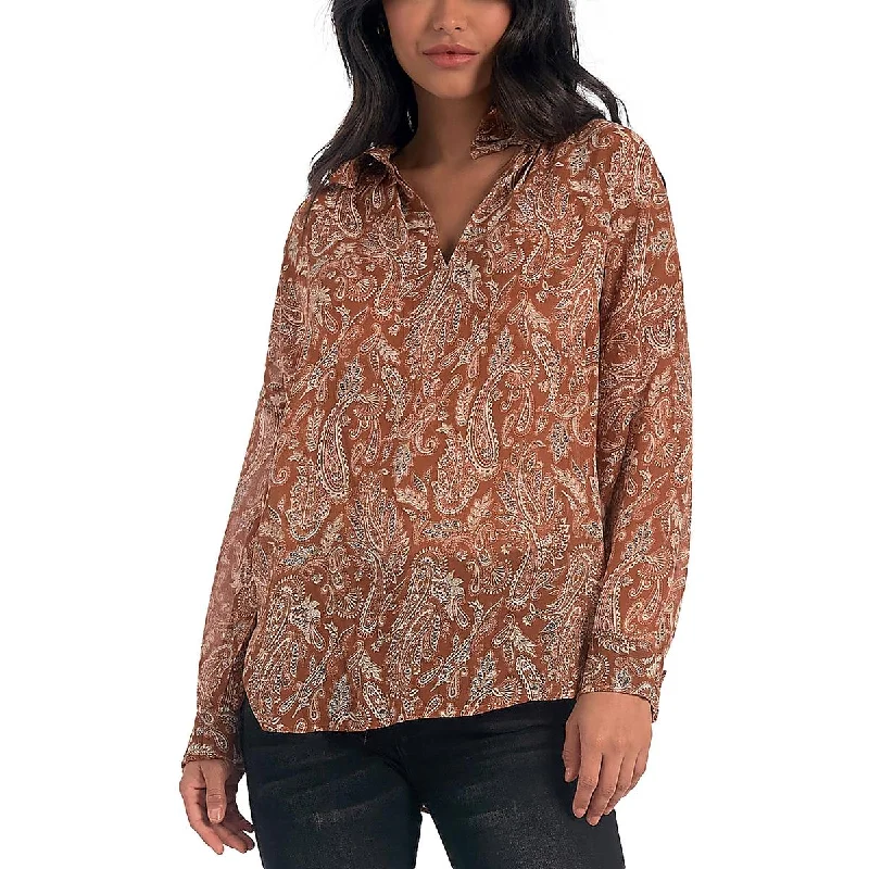 Elan Womens Smocked Paisley Blouse