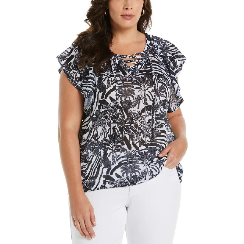 Ella Rafaella Womens Plus V Neck Printed Blouse