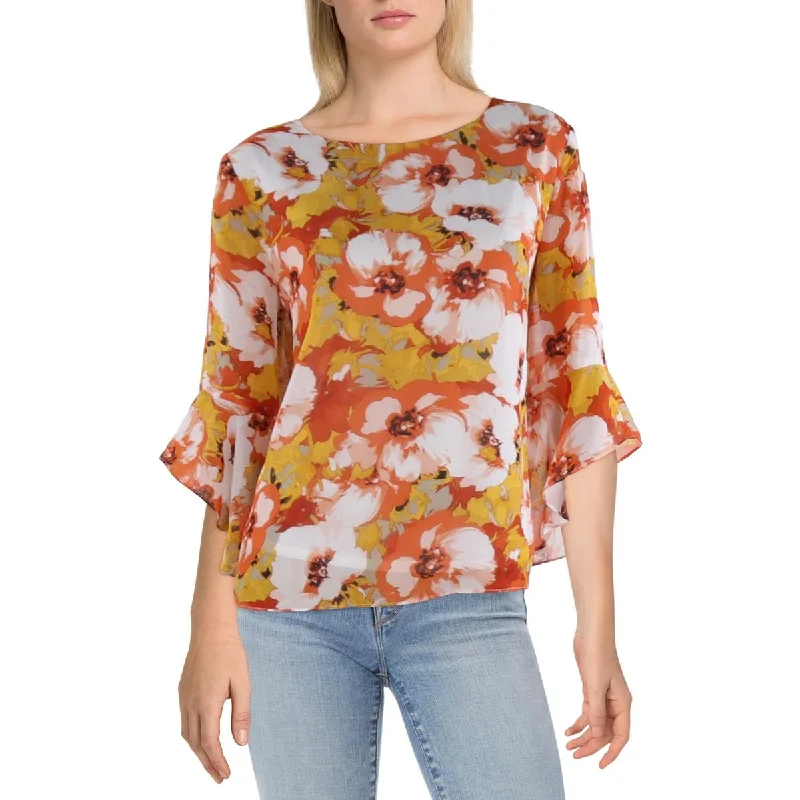 Kasper Womens Petites Floral Bell Sleeve Blouse