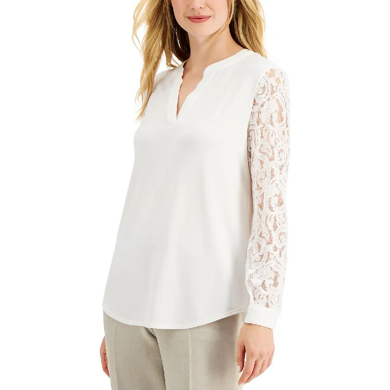 Kasper Womens V-Neck Lace Sleeve Blouse