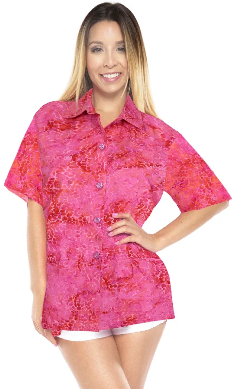 LA LEELA Women's Beach Button Down Short Sleeve Casual hand printed 100% cotton Blouse Pink