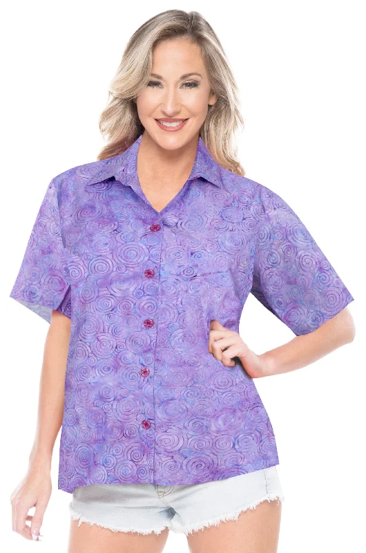 LA LEELA Women's Beach Button Down Short Sleeve Casual 100% cotton  hand printed Blouse Purple