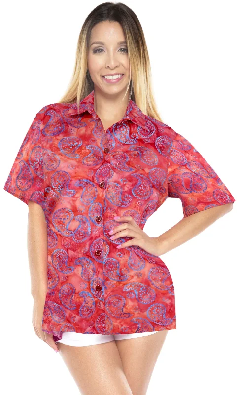 LA LEELA Women's Beach Button Down Short Sleeve Casual 100% cotton  hand printed Blouse Red