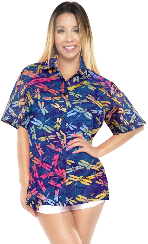 LA LEELA Women's Beach Button Down Short Sleeve Casual Fly Batik hand printed Blouse Blue