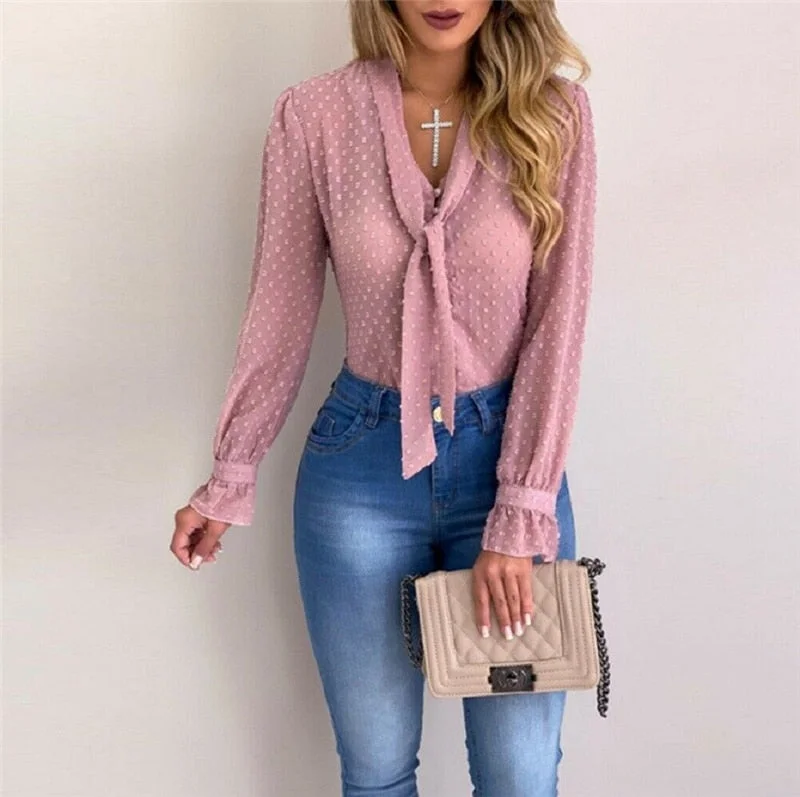 Long Sleeve Women Blouses Shirts Sexy V Neck Female Ladies Mesh Sheer Long Sleeve Top Shirt Blouse Casual Tee Shirt