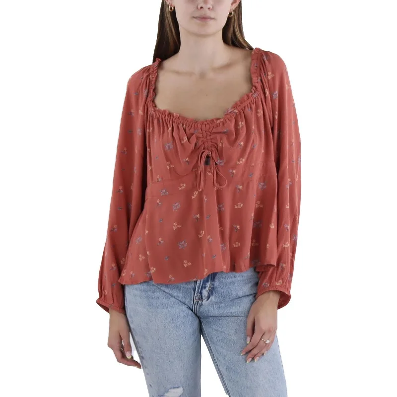 Lucky Brand Womens Floral Print Cropped Blouse