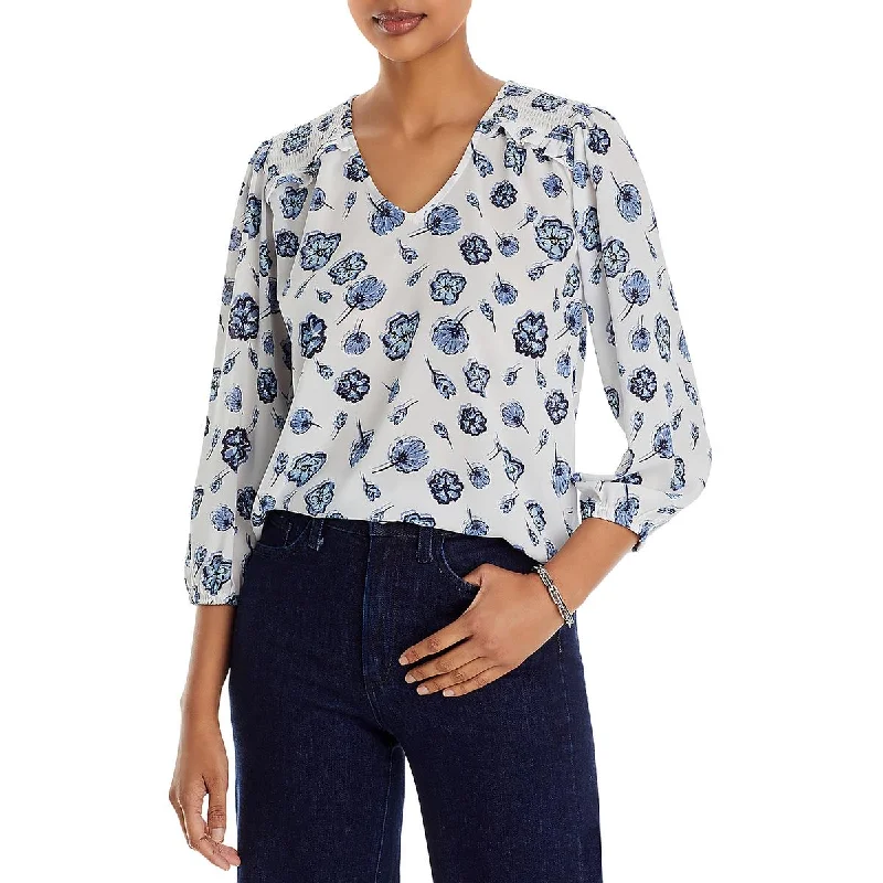 Milano Womens Smocked Floral Print Blouse