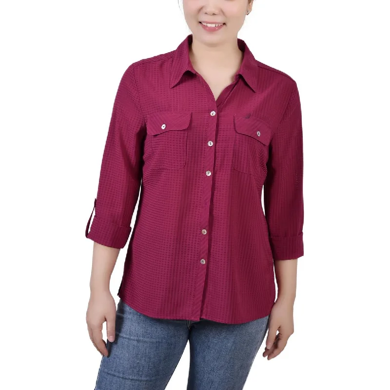 NY Collection Womens Window Pane Collared Blouse