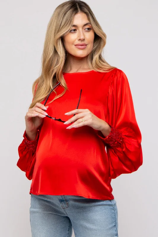 Red Satin Sequin Cuff Maternity Blouse