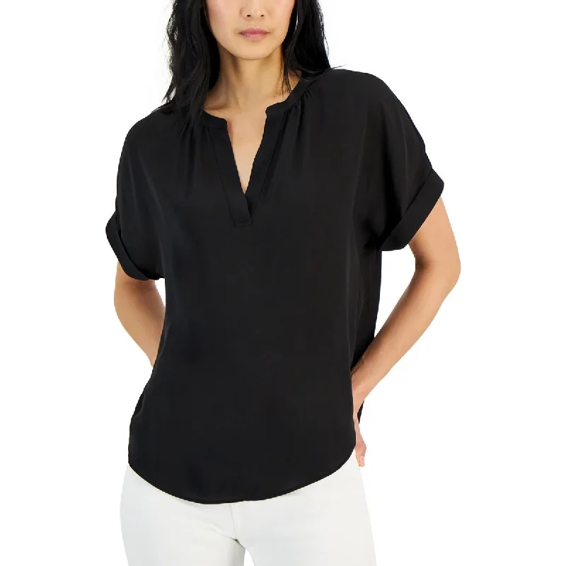 T Tahari Womens Split Neck Cuff Sleeve Blouse