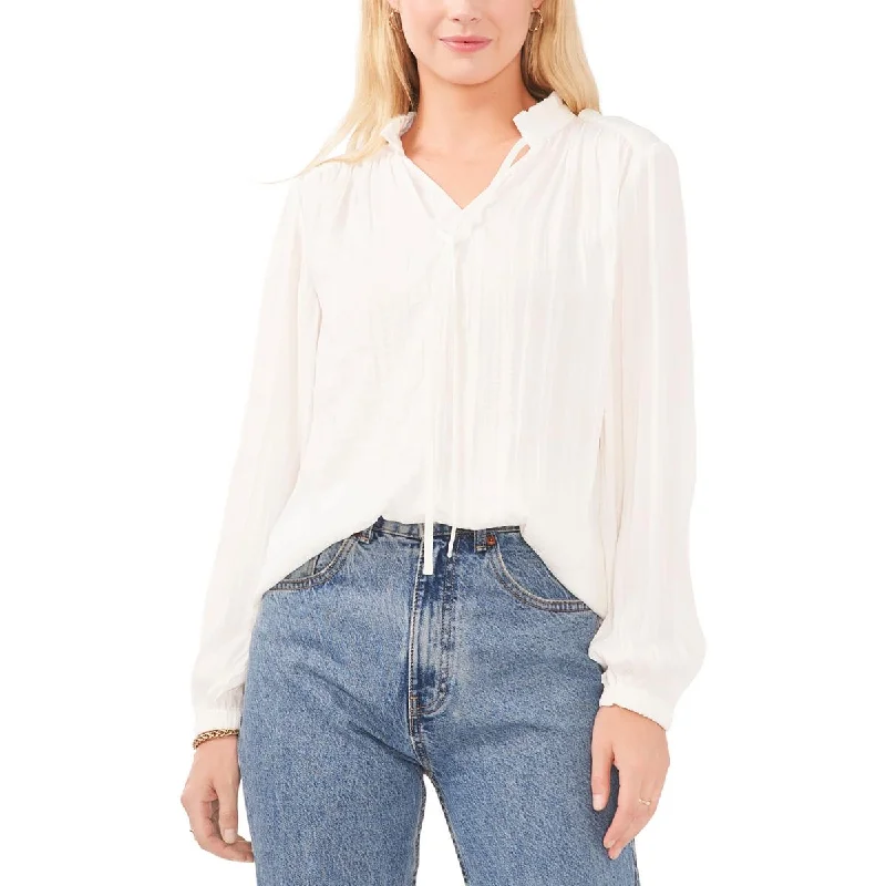 Vince Camuto Womens Sheer Ruffle Split Neck Blouse