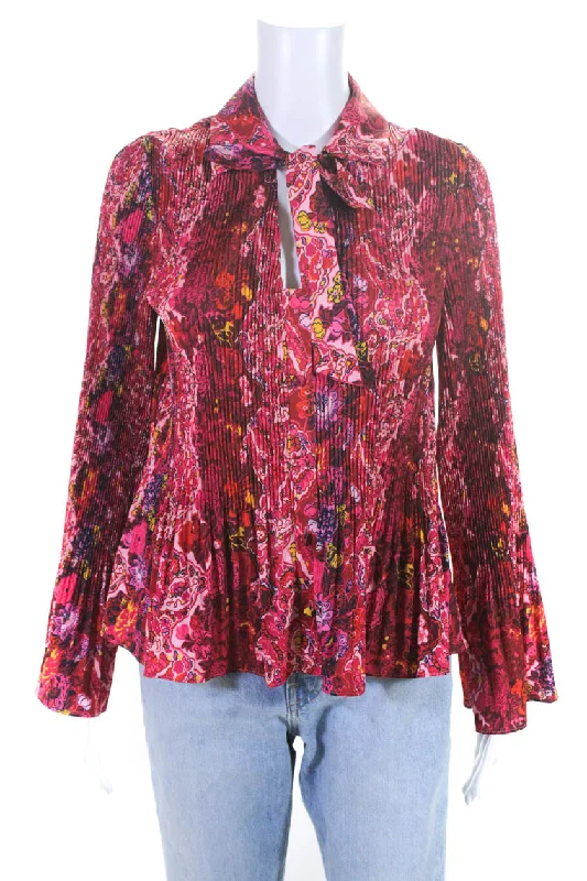 10 Crosby Derek Lam Womens Eve Pleated Tie Neck Top Blouse Red Pink Collared Satin Blouse