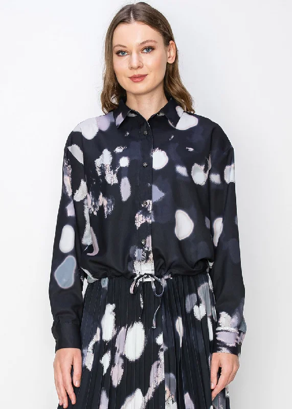 Abstract Print Drawstring Blouse Feminine Puff Blouse