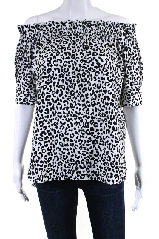 Adam Lippes Womens Cotton Leopard Print Off Shoulder Blouse White Sheer Sleeve Blouse Adam Lippes Womens Cotton Leopard Print Off Shoulder Blouse White Sheer Sleeve Blouse