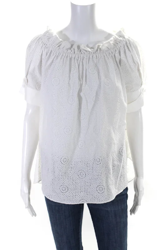 Adam Lippes Womens Cotton Textured Off-the-Shoulder Blouse Top White Stylish Wrap Blouse Adam Lippes Womens Cotton Textured Off-the-Shoulder Blouse Top White Stylish Wrap Blouse