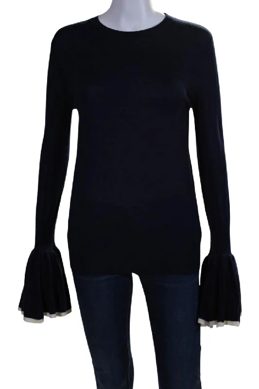 Adam Lippes Womens Merino Wool Long Bell Sleeve Knit Blouse Navy Asymmetric Hem Blouse Adam Lippes Womens Merino Wool Long Bell Sleeve Knit Blouse Navy Asymmetric Hem Blouse