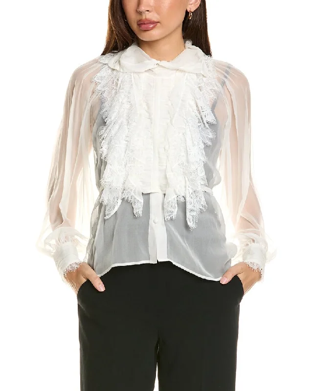 Alberta Ferretti Lace Bib Silk Blouse Boho Chic Blouse