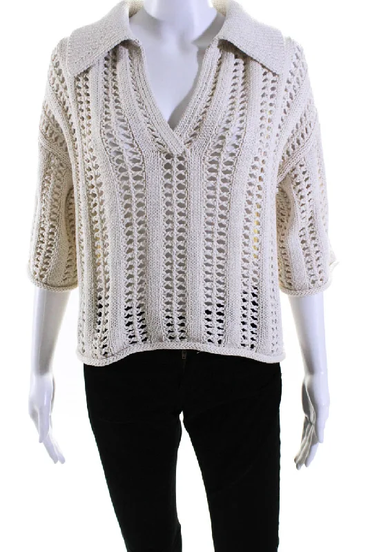 ALC Womens Emil Open Knit Collared Half Sleeve Top Blouse White Wrap Front Blouse