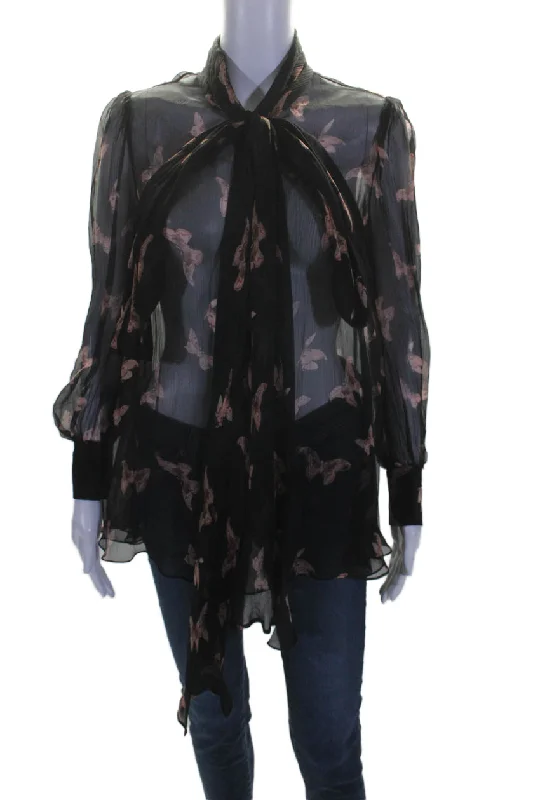 Alexander McQueen Womens Black Butterfly Print Tie Front Sheer Blouse Top Smart Casual Blouse Alexander McQueen Womens Black Butterfly Print Tie Front Sheer Blouse Top Smart Casual Blouse