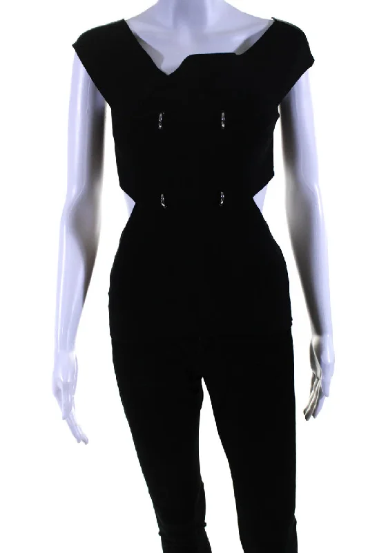 Alexander McQueen Womens Knit Off Shoulder Open Back Top Blouse Black Double-Layered Blouse Alexander McQueen Womens Knit Off Shoulder Open Back Top Blouse Black Double-Layered Blouse