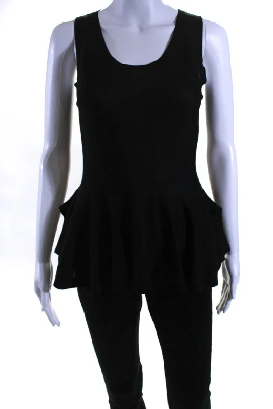 Alexander McQueen Womens Knit Sleeveless Peplum Top Blouse Black Wool Pleated Collar Blouse