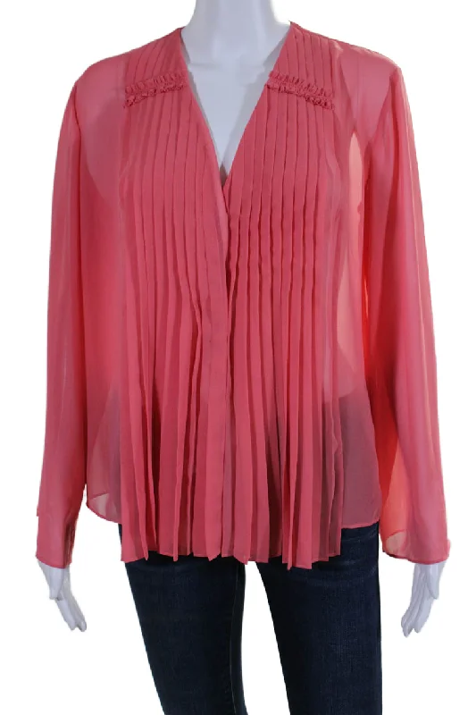 Alexis Womens Pleated V-Neck Long Sleeve Button Up Blouse Top Pink Relaxed Fit Blouse Alexis Womens Pleated V-Neck Long Sleeve Button Up Blouse Top Pink Relaxed Fit Blouse