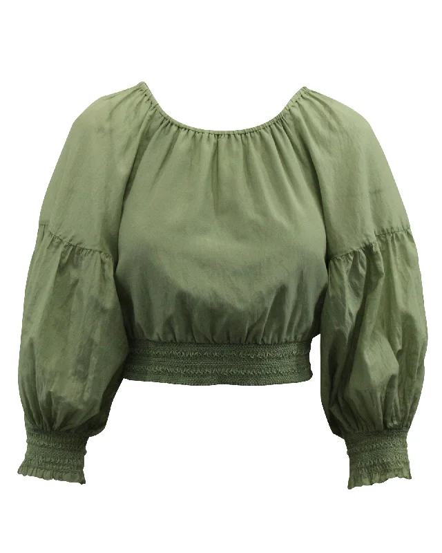 Alice + Olivia Azalea Off-The-Shoulder Peasant Blouse in Green Cotton Pastel Color Blouse Alice + Olivia Azalea Off-The-Shoulder Peasant Blouse in Green Cotton Pastel Color Blouse